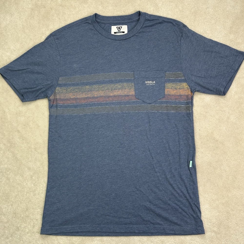 Vissla TShirt Mens Medium Fist Bump Pocket Blue Heather Striped Crewneck
